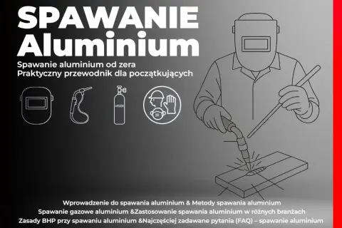 Ilustracja przedstawia spawacza w masce ochronnej, pracującego z palnikiem. Obok widnieje sprzęt do spawania, w tym butla z argonem. To przewodnik po spawaniu aluminium, technice wymagającej precyzji, jak w **heavy metal**u.