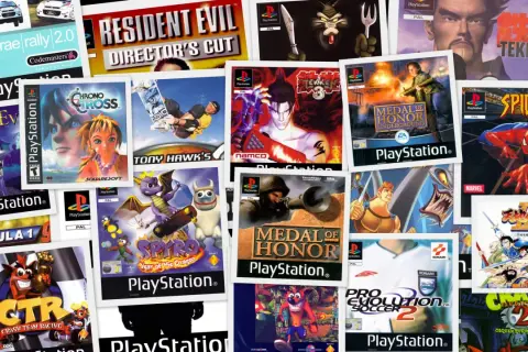 Kolekcja okładek gier na PS1: Tekken, Spyro, Crash Bandicoot, Spider-Man, Medal of Honor, Pro Evolution Soccer 2. To najlepsze gry na PS1!