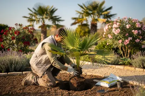 Un homme agenouillé est en train de planter un palmier dans un jardin ensoleillé, entouré de fleurs roses et de lavande.
