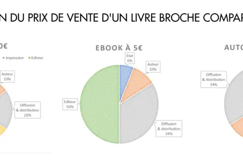 Comparaison des coûts d'un livre broché à 20€ et d'un ebook à 5€. Le prix ebook est bien plus bas, notamment grâce à l'absence de frais d'impression et de librairie.