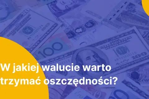 W tle różne waluty, w tym dolary amerykańskie. Pytanie: "W jakiej walucie warto trzymać oszczędności?", sugerujące poszukiwanie najbardziej stabilnej waluty.