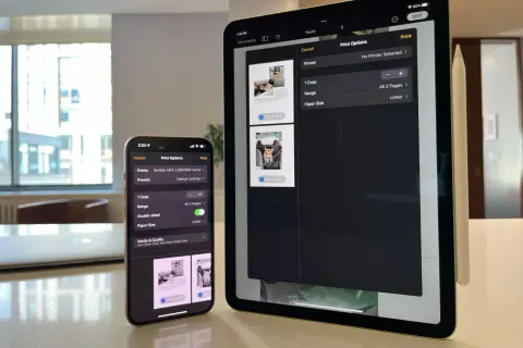Jak podłączyć drukarkę do iPhone? Na ekranie iPhone'a i iPada widać opcje drukowania, gdzie wybierasz drukarkę Brother MFC-L5800DW.