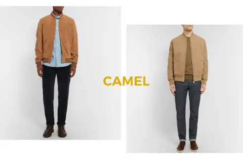 Deux looks masculins : un blouson camel avec pantalon bleu marine, et un autre blouson camel avec jean brut.