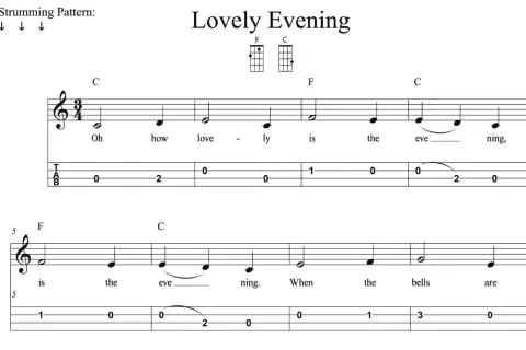 Proste tabulatury ukulele do piosenki "Lovely Evening" z akordami C i F.
