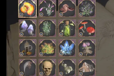 Hauch der Toten Hogwarts Legacy: Zutaten wie glühende Früchte, Pilze, Kristalle und ein Totenkopf.