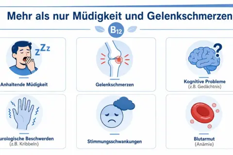 Vitamin B12-Mangel kann zu Schmerzen in den Beinen, Müdigkeit, neurologischen Beschwerden und mehr führen.