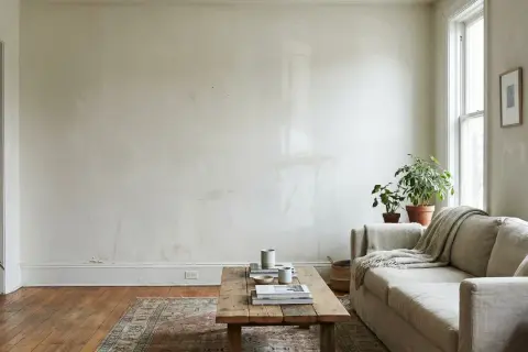 Soggiorno con divano beige, tavolino in legno e piante. Pareti chiare, ideali per il periodo migliore per imbiancare casa, con luce naturale dalle finestre.