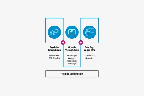 Infografik zeigt Elemente eines berufsbegleitenden Studiums Bachelor: Praxis, virtuelle Veranstaltungen und Case Days. Flexibles Selbststudium ist hervorgehoben.