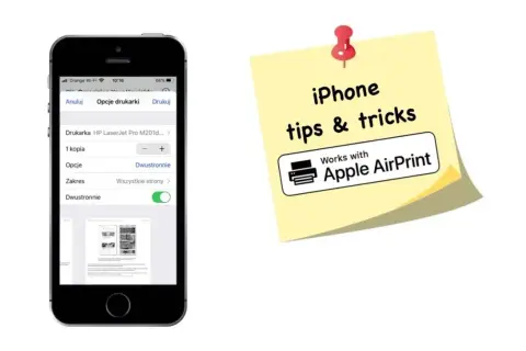 Jak wydrukowac dokument z iPhone? Ekran telefonu pokazuje opcje drukowania, w tym wybór drukarki i ustawienia dwustronne. Obok żółta kartka z napisem "iPhone tips & tricks" i logo Apple AirPrint.