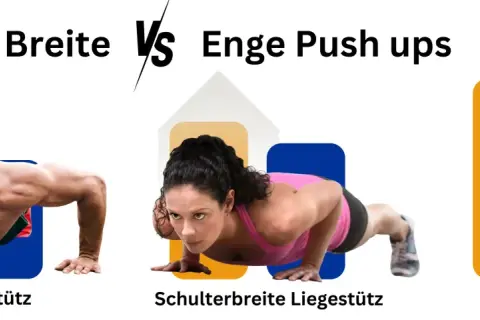 Breite vs. enge Liegestütz-Übungen: Männer und Frauen zeigen verschiedene Liegestützvarianten für Brust und Trizeps.