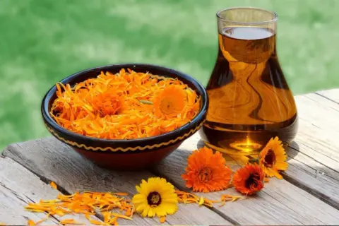 Petali di calendula in una ciotola e olio dorato in un bicchiere, rimedi naturali per il prurito.