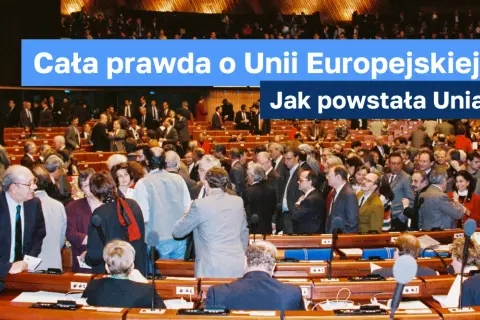 Ludzie w sali obrad, dyskutujący o tym, kiedy powstała Unia Europejska.