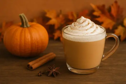 Une tasse de boisson automne crémeuse, garnie de chantilly et de cannelle, à côté d'une citrouille et d'épices.