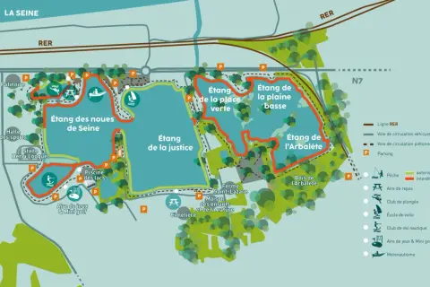 Carte du lac de Viry-Châtillon, montrant les étangs, les pistes cyclables, les aires de jeux et les installations sportives.