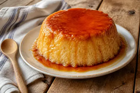 Un délicieux gâteau de riz onctueux, nappé d'un caramel doré, prêt à être dégusté.