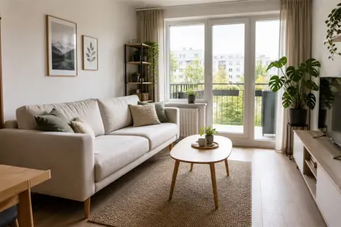 Przytulny salon 20m2 aranżacja: jasna sofa, drewniany stolik, rośliny i widok na zieleń.