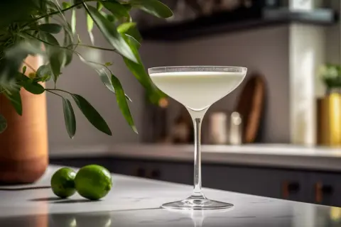 Ein cremiger Daiquiri in einem eleganten Glas, daneben zwei Limetten. Ein Hauch von Grün und die Frage: was ist Daiquiri?