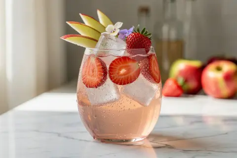 Un spritz rose pétillant garni de fraises et de fines tranches de pomme, parfait pour une recette spritz estivale.