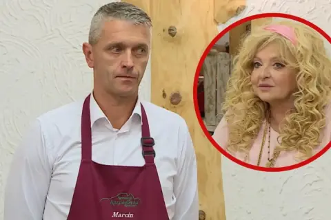 Marcin w fartuchu z napisem "Karpielówka" obok Magdy Gessler.