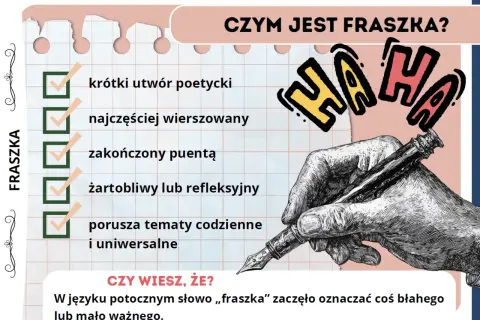 Co to fraszka? Krótki, wierszowany utwór z puentą, często żartobliwy. Ilustracja przedstawia piszącą rękę i hasło "HAHA".