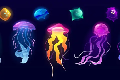 Kolorowe meduzy unoszą się w ciemności. Tatuaż meduzy symbolizuje transformację i siłę.