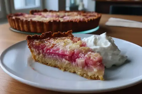 En bit rabarberpaj lchf med vispad grädde. Hela pajen syns i bakgrunden.