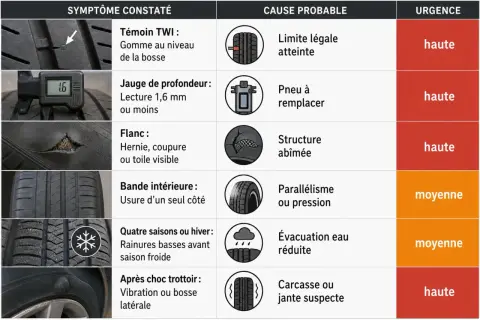 Tableau comparant les symptômes de pneus usés (TWI, jauge de profondeur, flanc, bande intérieure, rainures basses, bosse latérale) à leurs causes probables et à l'urgence. Un pneu lisse est à remplacer.