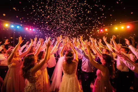 Bunte Konfetti regnet auf eine tanzende Menge, die mit erhobenen Armen feiert. Die Stimmung ist ausgelassen, die Musik zum Tanzen lädt zum Feiern ein.