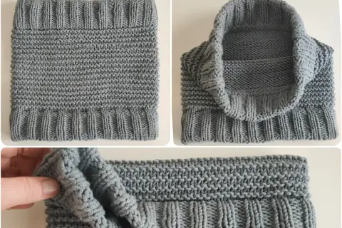 Dettagli di un scaldacollo grigio lavorato a maglia, con diverse texture. Ideale per misurare le dimensioni di un scaldacollo uncinetto fai da te.