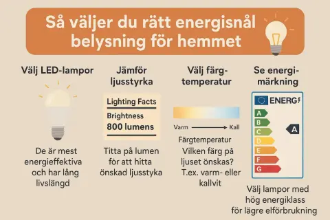 Välj en energisnål lampa: LED är effektivt. Jämför ljusstyrka (lumen), färgtemperatur och energimärkning (A är bäst).