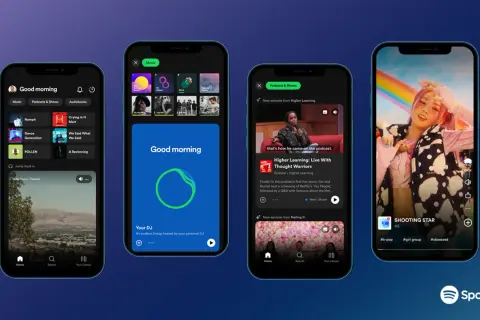 Four phone screens showcase the Spotify app, featuring music, podcasts, and a live video. One screen displays "Good morning" with music options, another shows a podcast episode, and the last features a vibrant music video, highlighting Spotify live exp...