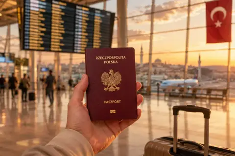 Pasport polski w dłoni na tle lotniska z flagą Turcji. Czy do Turcji potrzebna jest wiza?