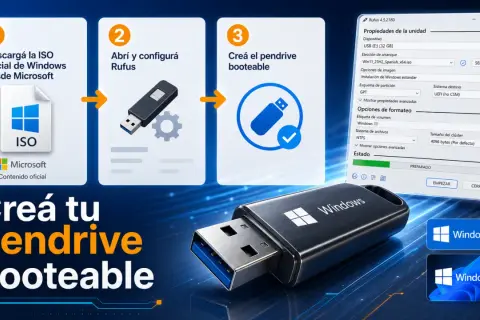 Guía para crear un pendrive booteable de Windows 10 gratis. Descarga la ISO oficial de Microsoft, configura Rufus y crea tu unidad USB.