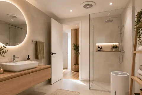 Deshumidificador blanco en baño moderno, ideal para saber como sacar la humedad del baño sin ventilación.