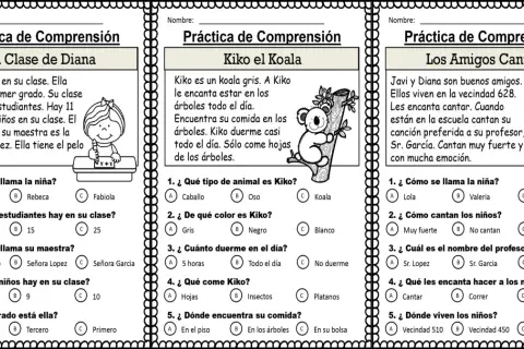 Hojas de comprensión lectora para practicar la lectura y el entendimiento de textos.