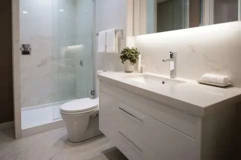Baño moderno con ducha de cristal, inodoro y lavabo. Las paredes de mármol y el **pladur para baños** crean un ambiente elegante y funcional.