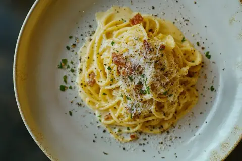 Spaghetti Carbonara, ein cremiges Gericht mit Speck und Parmesan, serviert auf einem Teller. Ein köstliches, authentisches Rezept, das Lust auf mehr macht.