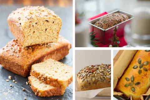 Vier verschiedene Brote, die Lust aufs kleines Brot backen machen. Eines ist mit Körnern bestreut, ein anderes mit Kürbiskernen belegt.