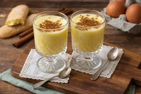 Zwei Gläser cremiges Zabaione ohne Alkohol, bestreut mit Zimt. Dazu Savoiardi-Kekse und Zimtstangen.