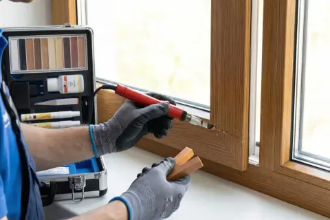 Naprawa drewnianej ramy okiennej. Specjalista używa zestawu do renowacji, aby usunąć rysy. Okno nie dochodzi do ramy, co wymaga precyzyjnej pracy.