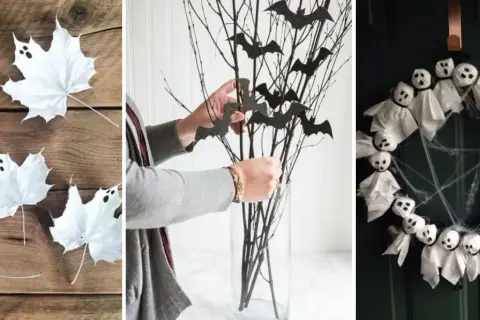 Idées de deco table halloween fait maison : feuilles fantômes, branches décorées de chauves-souris et couronne de petits fantômes en tissu.