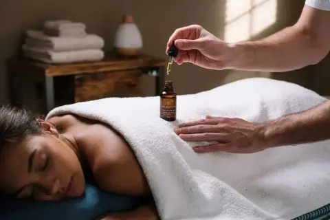 Un massage relaxant pour soulager la contraction du muscle involontaire et douloureuse. Une main applique une huile sur le dos d'une femme.