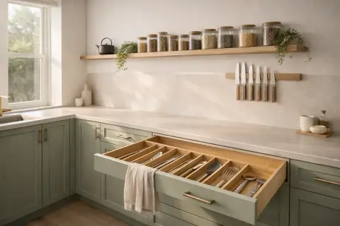 Tiroir de cuisine ouvert avec un organisateur de couverts en bois, parfait pour un plan de travail bien rangé.