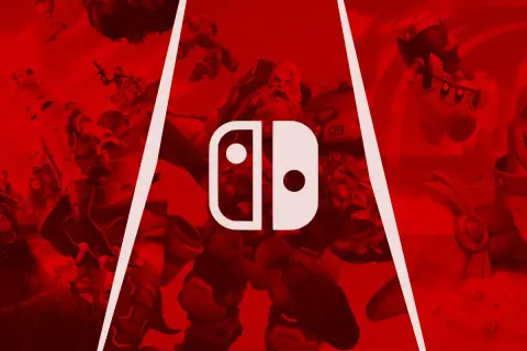 Darmowe gry na Nintendo Switch: zobacz bohaterów z gier akcji i Kirby'ego na tle logo konsoli.