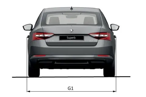 Grauer Skoda Superb von hinten mit Maßangabe G1 für die pkw breite.