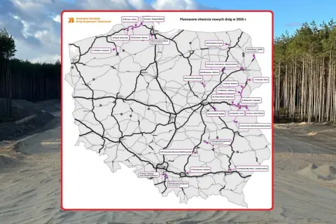 Mapa planowanych nowych dróg w Polsce, w tym fragmenty trasy S1. Obok widok budowy drogi w lesie.