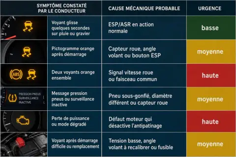 Tableau des voyants de voiture : voyant glisse orange, voyant moteur, ABS, pression pneus. Causes et urgence.