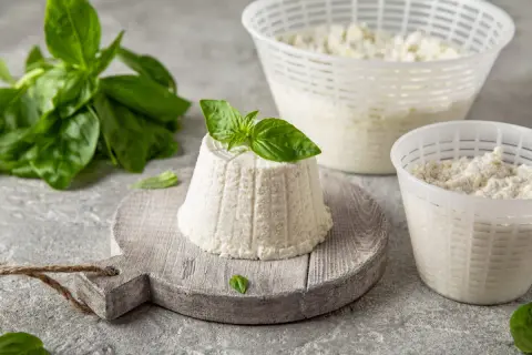 Jak wygląda ser ricotta: świeży, biały serek w kształcie stożka, ozdobiony listkiem bazylii, obok naczynia z serem i gałązka bazylii.