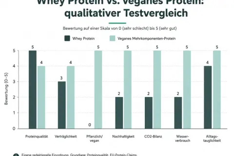 Vergleich von Whey und veganem Protein. Die Herstellung von Proteinpulver wird anhand von Kriterien wie Proteinqualität und Nachhaltigkeit bewertet.
