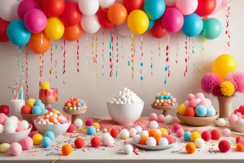 Färgglada ballonger och konfetti skapar en festlig stämning. Bordet är fyllt med sötsaker och bollar i olika färger, perfekta för roliga smaktester.